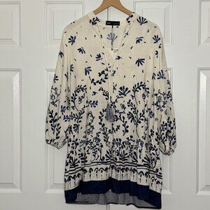 🤍 ZARA Boho Floral Tassel Dress Tunic NWT – Medium vory & Navy | Long Sleeve